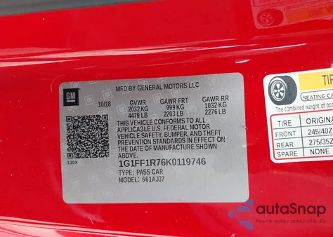 2019 Chevrolet Camaro 1Ss из США, поврежденный, VIN 1G1FF1R76K0119746